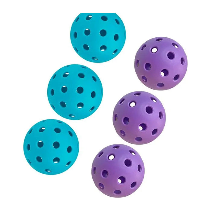 Sechs Pickleball-Bälle in Blau und Lila mit 40 Löchern