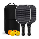 Zwei Pickleball-Schläger mit weißem Kantenschutz, Tasche und vier Bällen