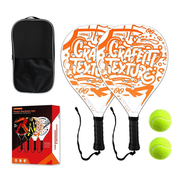 Zwei Beachtennis-Schläger mit orangefarbenem Graffiti-Druck, Tasche und zwei Bällen