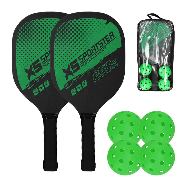 Zwei grüne Pickleball-Schläger mit vier Bällen und Transportbeutel