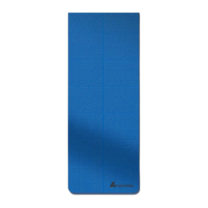 Faltbare Yogamatte aus TPE in Blau, ausgerollt, freigestellt auf weißem Grund