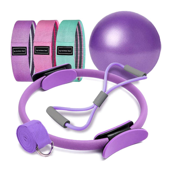 Siebenteiliges Pilates-Set in Lila mit Ring, Ball, Bändern und Gurt
