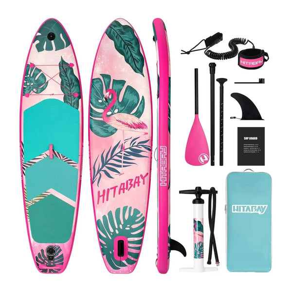 Aufblasbares SUP-Board in Rosa mit Blattmuster und komplettem Zubehör