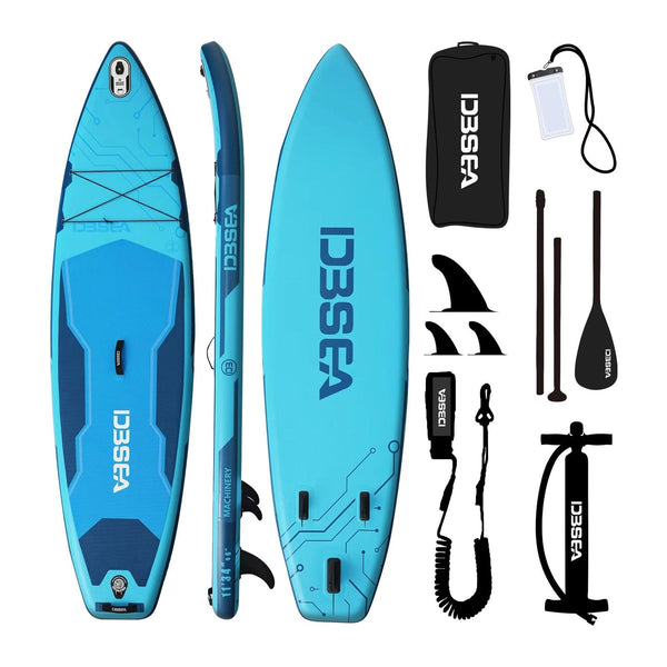 Aufblasbares SUP-Board in Blau mit Paddel, Pumpe, Leash, Finnen und Transportrucksack